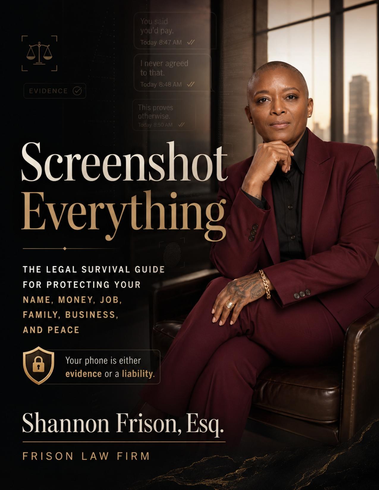 Screenshot Everything cover — Shannon Frison, Esq. in a burgundy suit